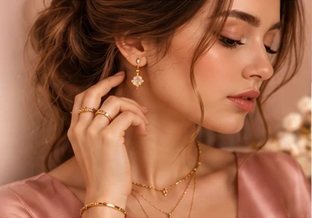 Woman wearing Roza gold earrings, necklaces and rings